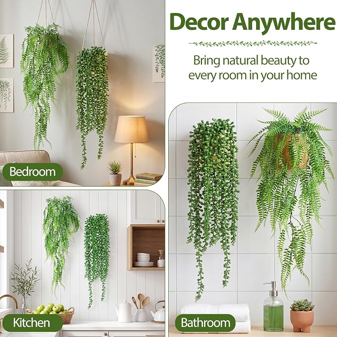 Daifunli 12 Pcs Artificial Hanging Plants Fake Hanging Ferns Plastic Fake Plant for Wall Room Garden Garland Indoor Outdoor Decor No Basket (Boston Ferns,String of Pearls)