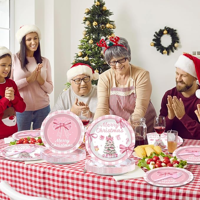 96Pcs Pink Christmas Tree Party Decorations Pink Bow Plates and Napkins Tableware Buffalo Plaid Dinnerware for Merry Xmas Winter Holiday Party Supplies 24 Guests