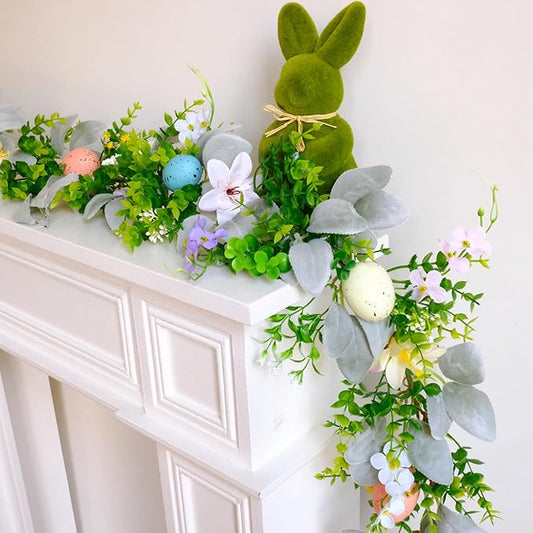 6FT Easter Garland for Mantle Spring Garland with Eggs Easter Egg Garland with Lights Easter Decorations for Indoor Outdoor Fireplace Party Spring Home Decor