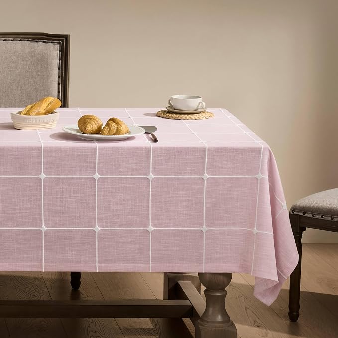 ZeeMart Grid Embroidered Hemmed Tablecloths, Pink 60x84 Inch, Farmhouse Style Heavy Weight Cotton Linen Pink Tablecloths, Boho Plaid Water Resistant Rectangle Table Cloth