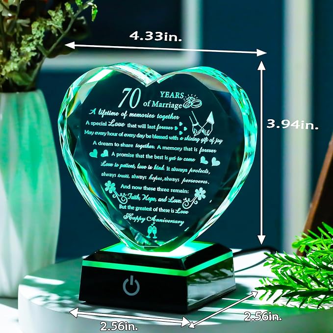Happy 70th Wedding Anniversary Crystal Gifts for Couples Parents with Colorful LED Base, Romantic Heart 70th Anniversary Keepsake Gifts for Her Him, 70 Years of Marriage Gift for Wife Husband