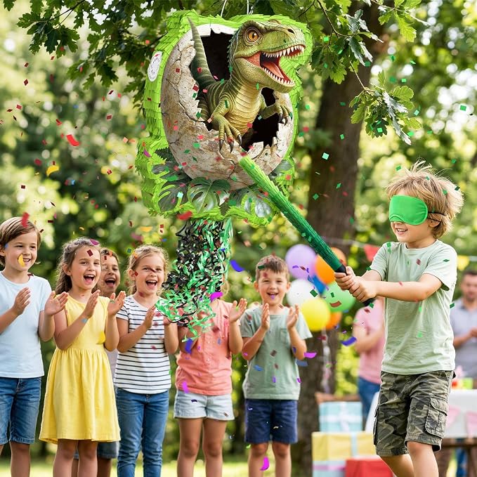 WERNNSAI Dinosaur Egg Piñata - Trex Piñata with Blindfold and Bat for Boys Kids Dinosaur Birthday Party Supplies Realistic Green Rex Dino Jungle Party Decoration