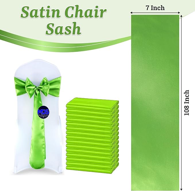 MDS Satin Chair Sashes, 75 Pack, 7”x108” Each, Decorative Chair Bows Ribbon Tie Backs for Wedding Party, Holiday Dinner, Birthday, Reception, Banquet, Hotel & Event Decoration - Parrot Green