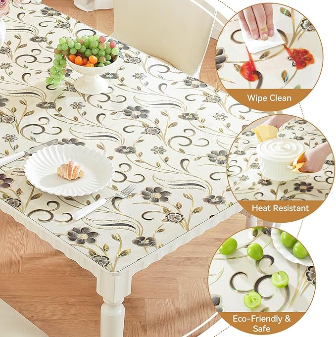 LovePads Floral Table Protector 42 x 42 Inch, 1.5mm Thick Plastic Table Cover, Waterproof Vinyl Tablecloth Rectangular Desk Protector Mat for Kitchen, Dining Room & Coffee Tabletop