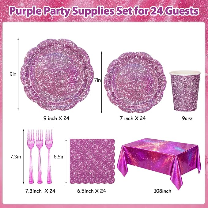 Purple Iridescent Plates and Napkins Set, Scalloped Disposable Holographic Plates Cups Napkins Forks Tablecloth Party Supplies for Birthday Baby Shower Bridal Shower Decorations, Serves 24 Guests