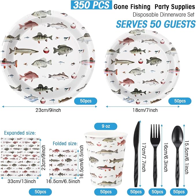 Ziliny 350 Pcs Fishing Party Supplies Tableware Set Disposable 9'' 7'' Paper Plates 9 oz Cups Cutlery Napkins Dinnerware Set for 1st Birthday, Serve 50 (Fishing Birthday, White, Red)