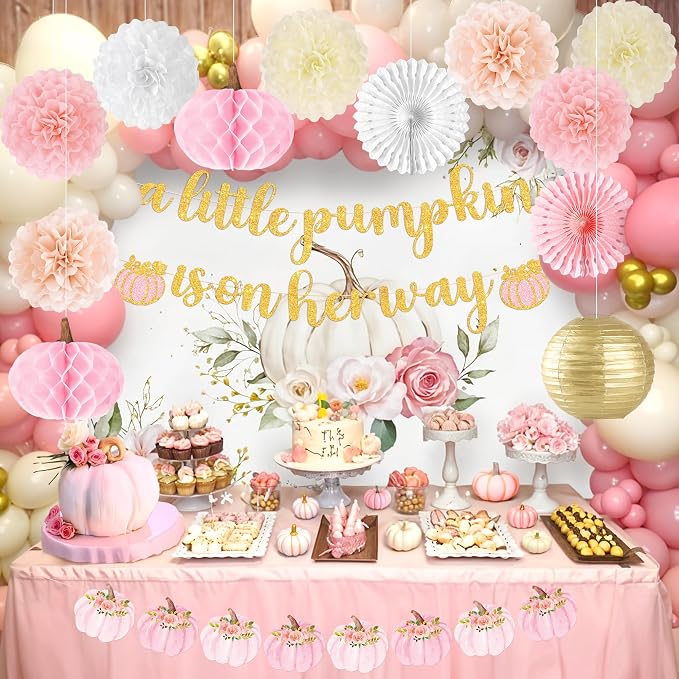Kriyokiaa Little Pumpkin Baby Shower Decorations for Girl 15 Pcs Pink Fall Baby Shower Decorations with A Little Pumpkin is On Her Way Banner, Tissue Pom-Poms, Paper Lantern for It's a Girl Party