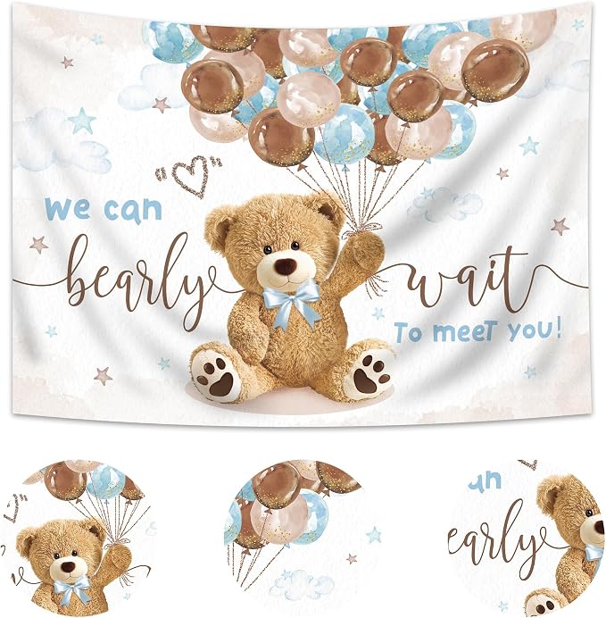 We Can Bearly Wait Backdrop 7Wx5H Feet, Bear Baby Shower Decorations for Boys, Cute Lovely Cartoon Balloons Baby Shower Party, Bear Photography Backgrounds Newborn Photo Shoot Decor Props