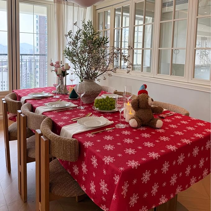 Red Tablecloth, Rectangle Table Cloh with Snowflake Decorations, Spillproof Cotton Linen Fabric Table Cover for Holiday, Winter, Party, Christmas - 60''x108''