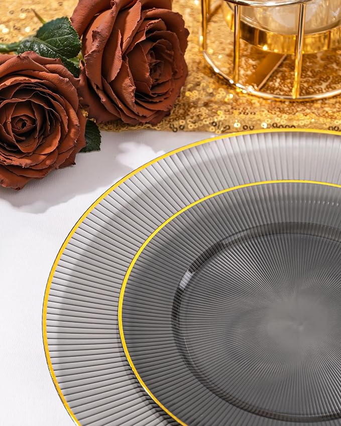 Hioasis 60pcs Black and Gold Plastic Plates - Black Disposable Dinnerware Set, 30pcs Dinner 10in & 30pcs Dessert 7in Plates with Striped Designs for Party & Wedding