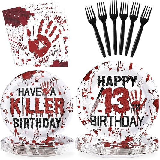 Grencian 96Pcs Killer Happy 13th Birthday Party Supplies Red and Black Bloody Hand Themed Paper Plates and Napkins Horror Tableware for Boy Girl 13th Stranger Birthday Party Decorations Serve 24