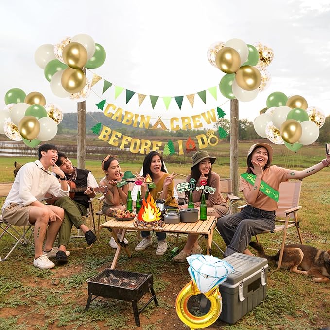 Camp Bachelorette Decorations Kit, Gold Green Bachelorette Party Supplies, Bachelorette Gifts for Bride Include Camping Party Banner, Bachelorette Temporary Tattoos, Bride Balloons Decor