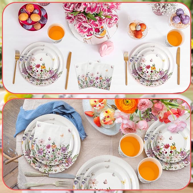 Hsei 250 Pcs Wildflower Party Decoration Baby Shower Disposable Tableware Sets Birthday Supplies Serves 50 Guests Disposable Plates Napkins and Cups for Baby Bridal Shower Birthday Party