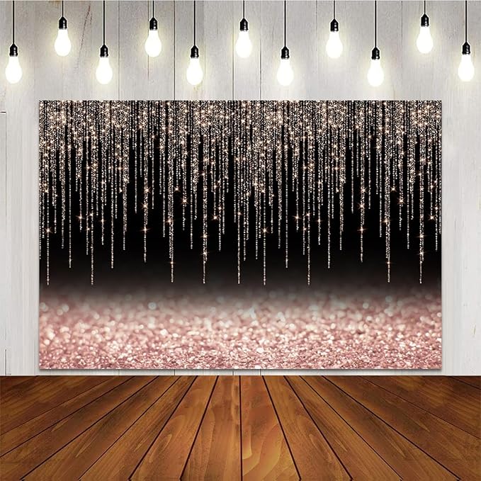 10x7ft Rose Gold Black Glitter Backdrop Rose Gold Pink Black Bokeh Sparkle Sequin Birthday Party Background for Women Girls Graduation Anniversary Baby Shower Banner Kids Portraits Props