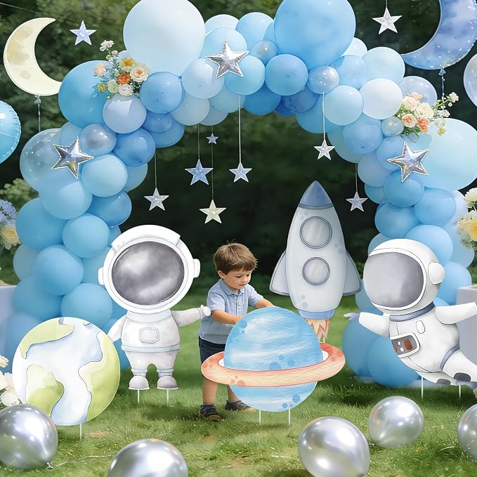 5 Pcs Outer Space Baby Shower Decorations, Astronaut Rocket Planet Earth Cardboard Cutouts Standups, Space Themed Photo Booth Props Signs for Kids Birthday Party Outdoor Yard Lawn Decor