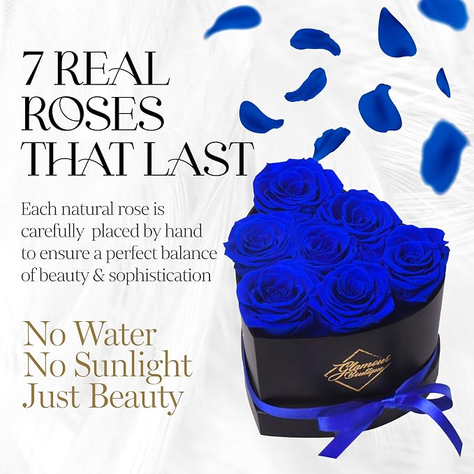 GLAMOUR BOUTIQUE 7 Flower Forever Heart Shape Box, Mothers Day Gift For Mom, Eternal Preserved Roses Gift for Her, Flowers bouquet, For Birthday, Anniversary, Girlfriend - Blue (Color-Treated)