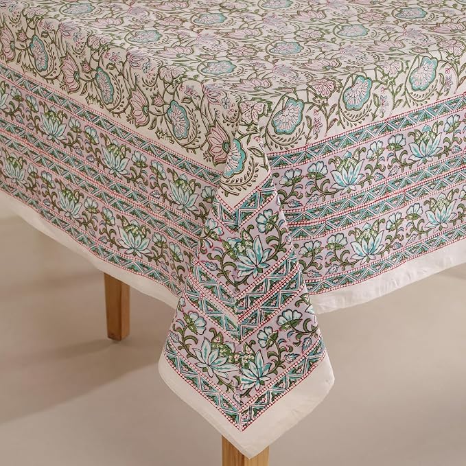 Hand Block Printed Tablecloth, Colorful Floral Print, Indian Artisan Handmade Art, Dining Room, Kitchen, Outdoor Décor, (Rosy Dawn Delight, 8 Seater 72 x 108 Inches Rectangle)