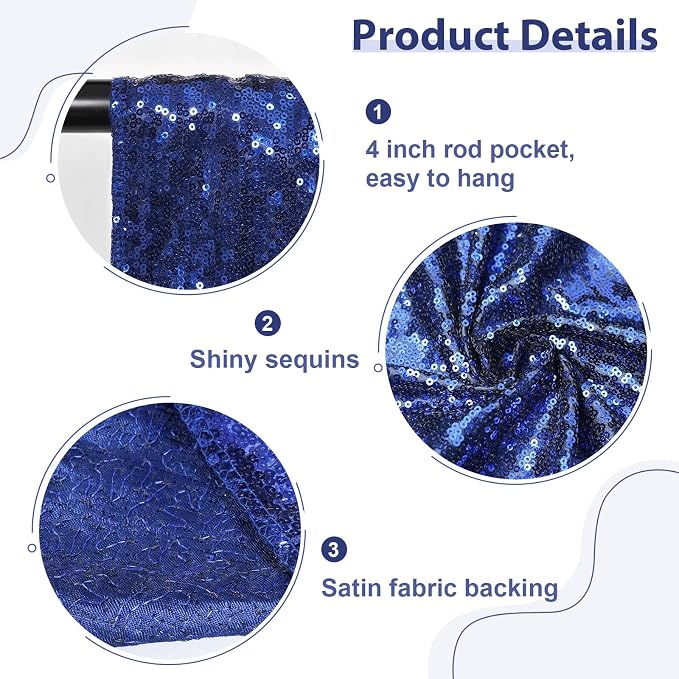 SquarePie 2 PCS 4x10ft Navy Blue Sequin Backdrop for Photography, Extra Long Satin-Backed Real Sequin Curtain, High-Density Shimmering Background with 4" Rod Pocket for Wedding Ceremony, 2 Panels