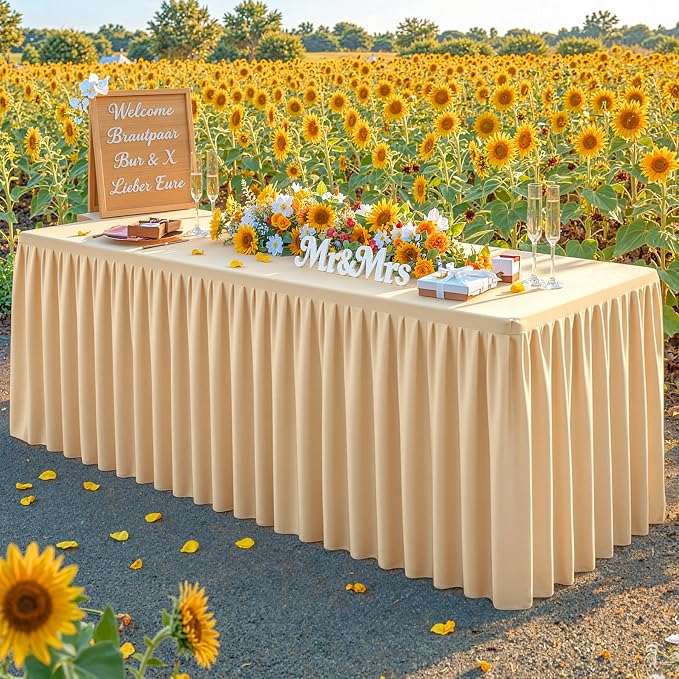 Dark Champagne Polyester Table Cloths for Rectangle 4 Foot Tables, 1 Pack Wrinkle Free Tablecloths Stretchy Banquet Ruffle Fitted Table Cover Desk Skirt for Parties Wedding Birthday Baby Shower