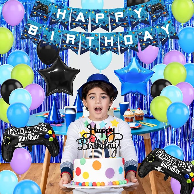 Video Game Birthday Party Decorations for Boys, Black Blue Purple Green Balloons Happy Birthday Banner Cake Topper Game Foil Balloon Blue Fringe Curtain for Kids Boys Men Birthday Party Decor