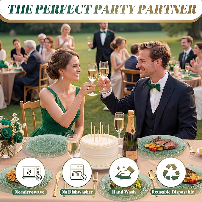 I00000 150Pcs Clear Green Plastic Plates with Gold Rim,Green Disposable Plates,Clear hammer patterned plates Set include 30 Dinner Plate,30 Dessert Plate,90 plastic Silverware Set for Party