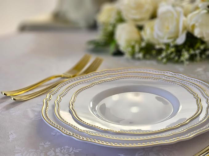 " OCCASIONS " 150pcs set (25 Guests)-Wedding Plastic Plates & cutlery -Disposable heavyweight Dinnerware 10.25'', 7.5'' + Silverware w/double fork (Rochelle Blue & Gold)