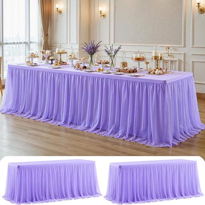 2 Pack Lavender Tulle Tablecloths with Skirt for 8 Foot Rectangle Tables Party Ruffle Tutu Tablecloth 8FT Stretch Fitted Table Cover for Wedding Reception Birthday Baby Shower Celebration Banquet