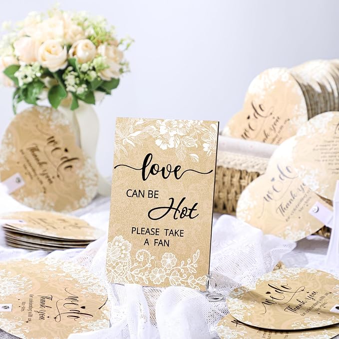 Roowest Wedding Fans for Guests Bulk 100 Pcs Retro Lace Wedding Hand Fans 1 Table Sign Abanicos para Boda Thank You for Celebrating with Us Favors for Bridal Shower Tea Party Gift