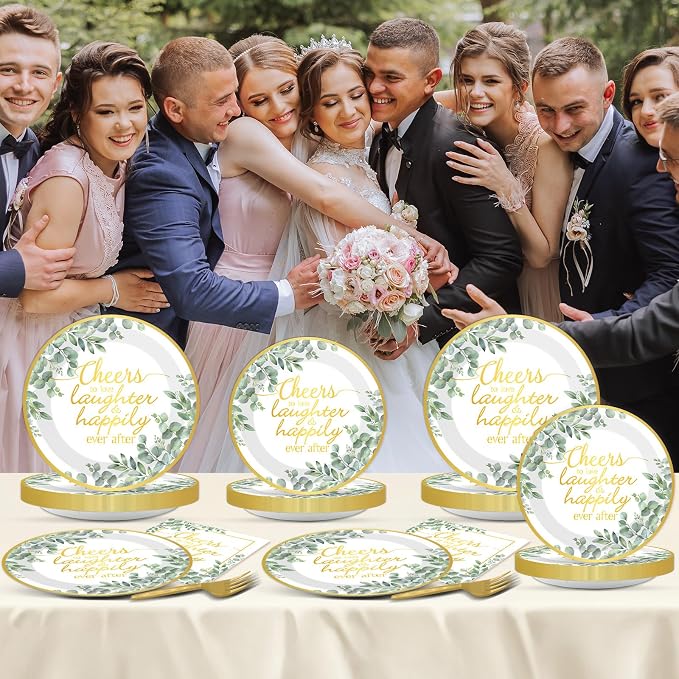 96Pcs Eucalyptus Leaves Bridal Shower Party Supplies Cheer to Love Birthday Plates and Napkins Sage Green Tableware Disposable Dessert Dinnerware for Wedding Engagement Anniversary Decor for 24 Guest