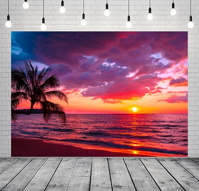 BELECO 12x10ft Fabric Sunset Beach Backdrop Tropical Seaside Coconut Palm Trees Background Backdrop Summer Beach Sunset Hawaii Luau Party Decorations Birthday Photoshoot Studio Photo Props