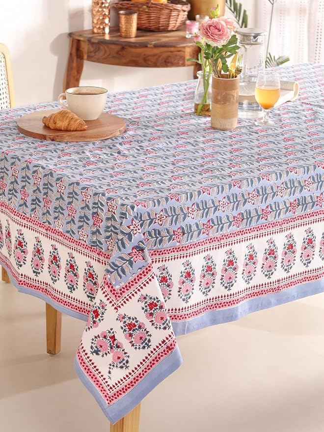 Hand Block Printed Tablecloth, Colorful Floral Print, Indian Artisan Handmade Art, Dining Room, Kitchen, Outdoor Décor, (Gray Petal Glow, 8 Seater 72 x 108 Inches Rectangle)