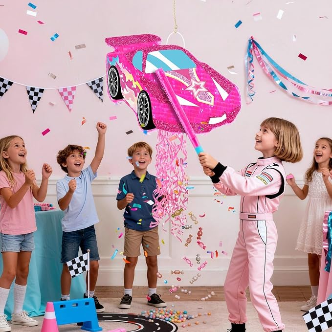 WERNNSAI Pink Racing Car Piñata for Girls - Princess Dollhouse Party Supplies Piñata Bundle with Blindfold and Bat for Kids Racing Car Theme Birthday Party Game Decorations (12.4" x 16.5" x 2.9")