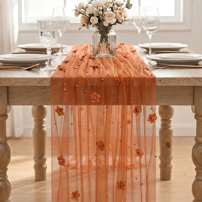 Artoid Mode Caramel Flower Pearl Pink Gauze Table Runner 10FT, Seasonal Sheer Dining Holiday Wedding Birthday Baby Shower Table Decor for Home Party