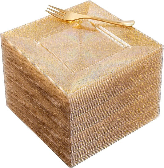 supernal 200pcs Gold Glitter Square Appetizer Plates Set - 100 Heavy Duty 6.5" Disposable Dessert Plates & 100 Gold Plastic Forks - Elegant Party Supplies for Weddings & Catering - BPA-Free