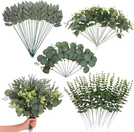 Artificial Eucalyptus Stems Bulk - 4 Kinds Mixed Realistic Greenery with Bendable Stems, Waterproof Silver Dollar Silk Eucalyptus for Wedding Bouquet, Floral Arrangement, Vase Home Decor