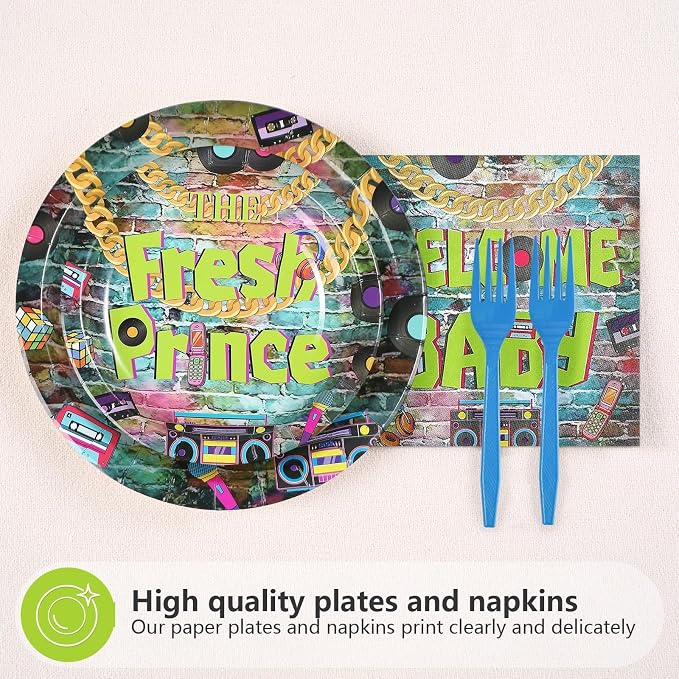 96Pcs Fresh Prince Baby Shower Party Decorations 90s Hip Hop Graffiti Plates and Napkins Disposable Vintage Themed Tableware Set for 90s Fresh Prince Boys Baby Shower Birthday Party Supplies Serves 24