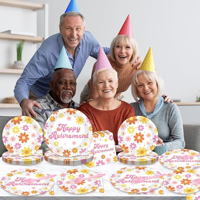 96Pcs Retirement Party Supplies Happy Retirement Plates and Napkins Colorful Daisy Flower Tableware Set Floral Disposable Dinnerware for Women Goodbye Going Away Farewell Party Decorations 24 Guests