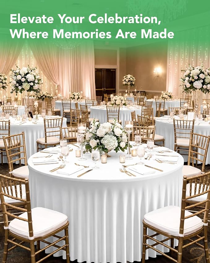 4 Pack Spandex Table Cover Skirts for 60 inch Round Tables, White Stretch Table Cloths with Floor-Length Ruffle, Elastic Fitted Skirted Tablecloth for Elegant Wedding Banquet Party Buffet Decoration