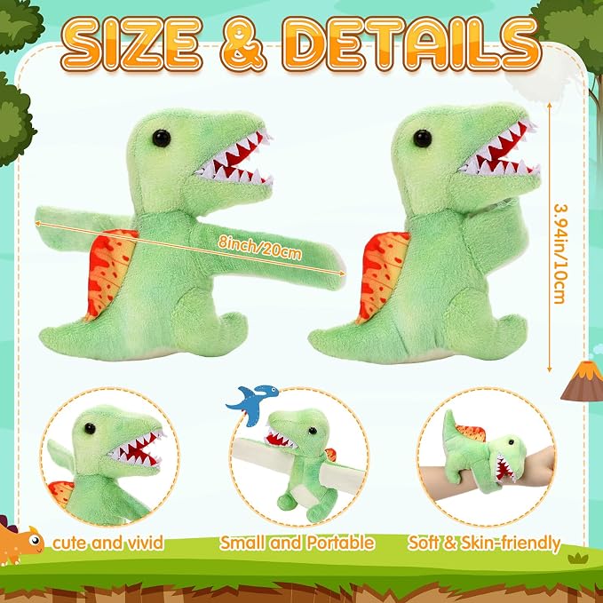 Gemscream 6 Pcs Stuffed Animal Slap Bracelets for Kids, 8 Inch Back to School Small Classroom Prizes Toy, Wrist Snap Bracelets Birthday Gifts for Boys Girls Pet Adoption Party Favors(Dinosaur)