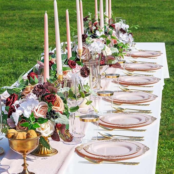 Nervure 175PCS Pink Plastic Plates - Disposable Pink Gold Party Plates & Pre Rolled Napkins with Cutlery for 25 Guests, 50Plates, 75Silverware, 25Cups, 25Napkin for Wedding & Party & Mother's Day