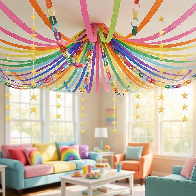 1000 Sheet Paper Chain Strips and Star Garland Set, Rainbow Paper Chains and 65 ft Gold Stars Decor with 492 ft Crepe Paper Streamers for DIY Crafts Pride Month Birthday Wedding Theme Party