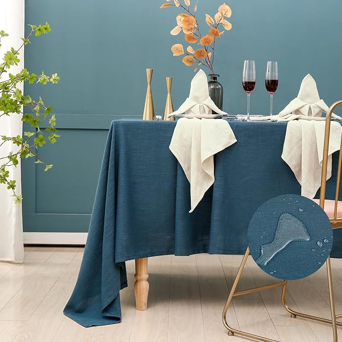 Rectangle Blue Tablecloth 60 x 108 Inch, Linen Textured Waterproof Table Cloth, French Soft Decorative Fabric Table Cover for Dining, Wedding, Party, Farmhouse, Father's Day - Blue