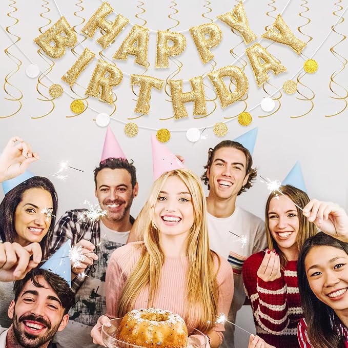 Pre-strung Gold Glitter Happy Birthday Banner Garland, Reusable Birthday Party Decorations, No DIY Gold Birthday Party Banner Sign Decor for Women Men Boys Girls Party Backdrop Party Supplies