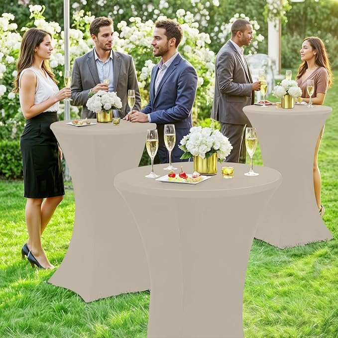 Moosfor Spandex Cocktail Table Covers 4 Pack, Elastic Fitted Stretch Table Cloth, Round High Top Tablecloths for Bar, Party, Pub, Wedding & Banquet (Taupe, 32x43 Inch)