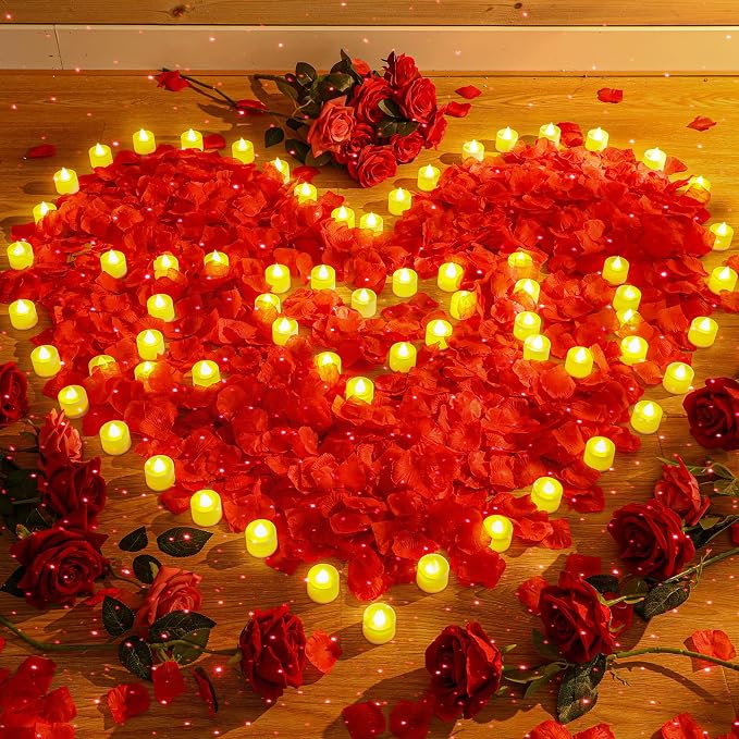 Hanaive 8000 Pcs Artificial Rose Petals with 120 Pcs Flameless LED Tea Light Candles Set Romantic Special Night Decorations for Proposal Anniversary Wedding Party Decor(Classic Color)