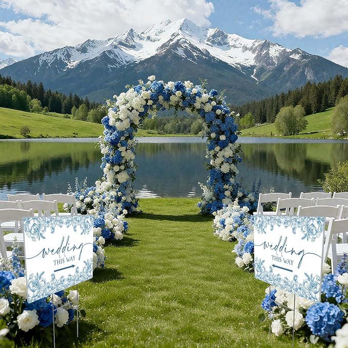 3 Pack 14.5” x 10.5” Wedding This Way Signs Double Sided Printed Wedding Direction Sign with Stakes for Ceremony Reception Lawn Yard Direction Arrow Signs Exquisite Plastic Rainproof Party Supplies,Blue Floral