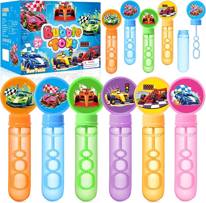Winrayk 24 Large Cars Bubble Wands with Gift Box, Kids Race Car Party Favors - Racing Bubbles Bulk (6 Style & Color), Pinata Filler Goody Bag Stuffer Carnival Prize Boys Wheel-themed Birthday Supplies
