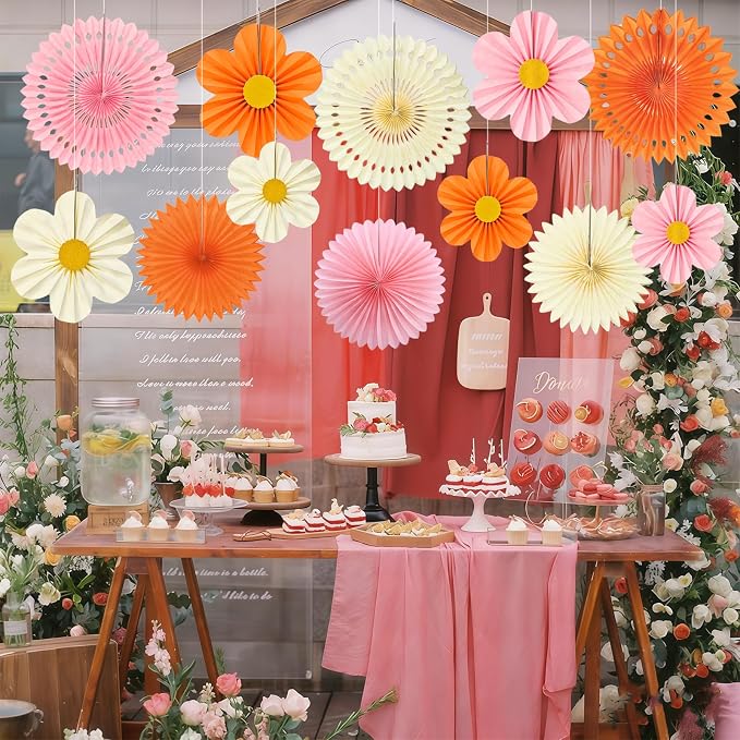 Orange Pink Cream Party Decorations, 12PCS Paper Fans Flowers Wall Backdrop for Little Cutie 1st Birthday, Boho Sunset Baby Shower, Groovy Daisy Wedding & Nursery Decor