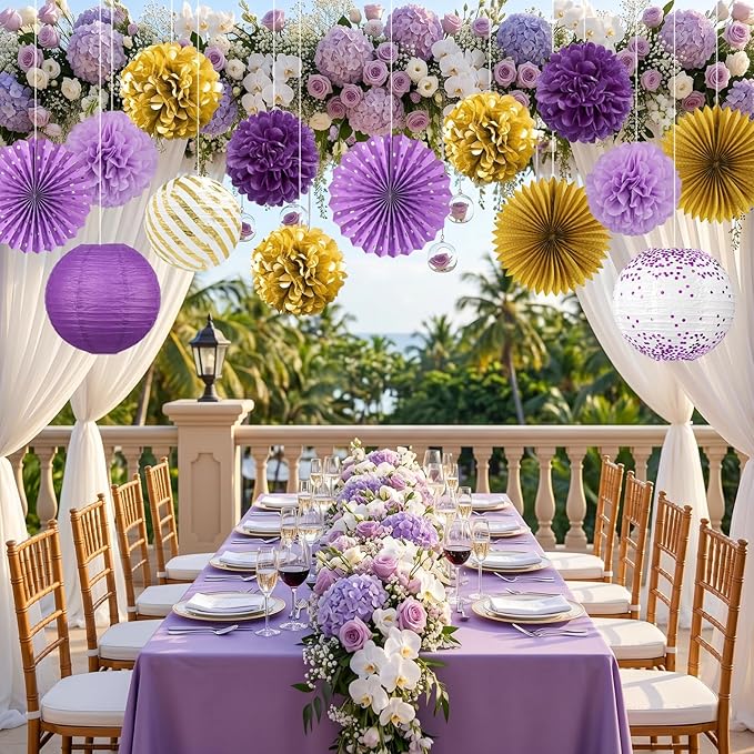 ADLKGG Purple Gold Party Decorations, 14 Pcs Hanging Paper Fans, Lanterns, Pom Poms, Elegant Backdrop for Graduation Party, Rapunzel Theme, Birthday, Baby Shower, Bridal Shower