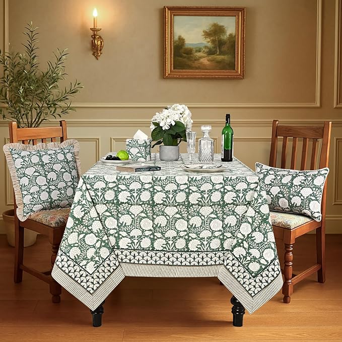 Ridhi Turquoise Moss Green Hand Block Print Cotton Rectangle Tablecloth 108" x 70" inches Reusable Table Cover Decorative Everyday Use for Dining Room, Farmhouse, Home Gift for Spring, Mother's Day